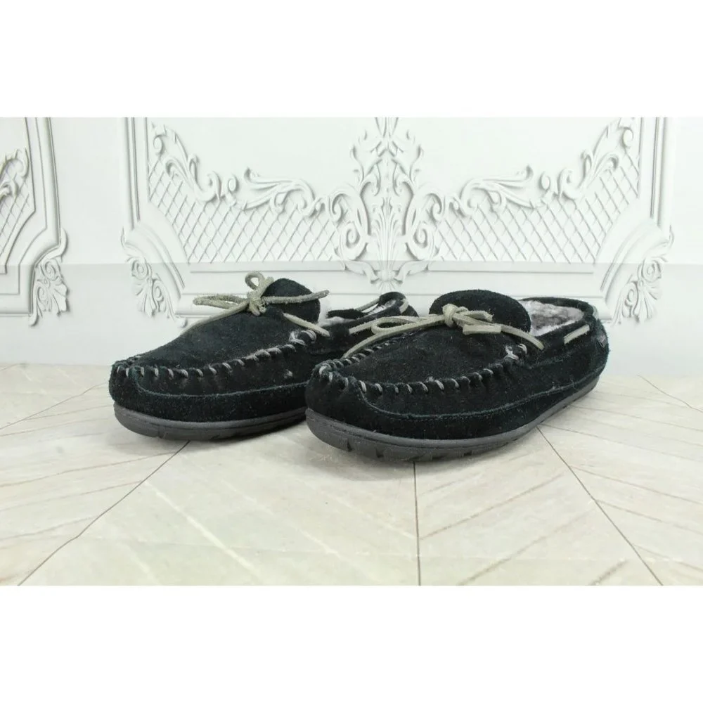 LL Bean Black Suede Shearling Lined Wicked Good Moccasins Slippers 9 M - Picture 2 of 8